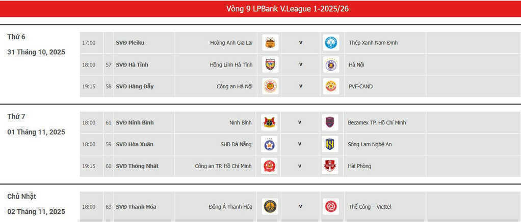 Lịch thi đấu vòng 9 V-League 2025/26 mới nhất