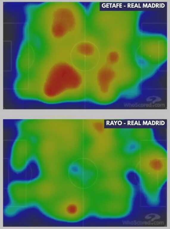Biểu đồ nhiệt của Bellingham ở 2 trận gặp Rayo và Getafe.