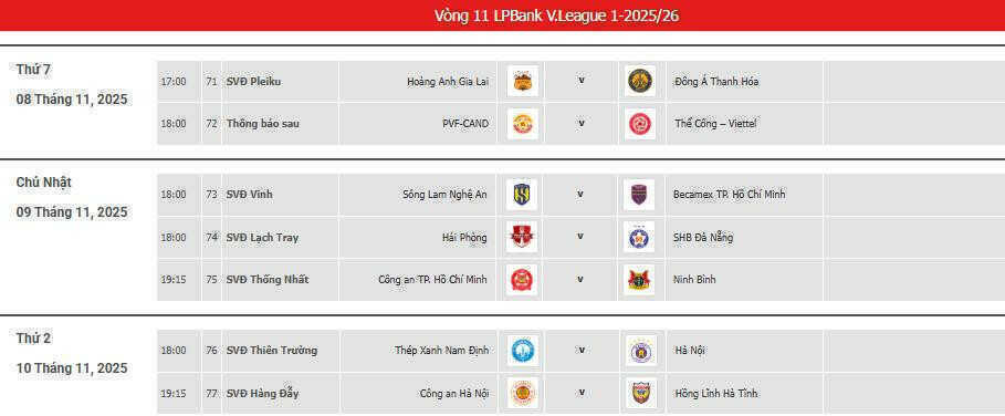 Lịch thi đấu vòng 11 V-League 2025/26 mới nhất