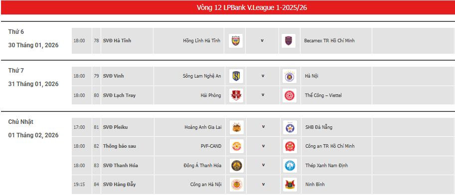 Lịch thi đấu vòng 12 V-League 2025/26 mới nhất