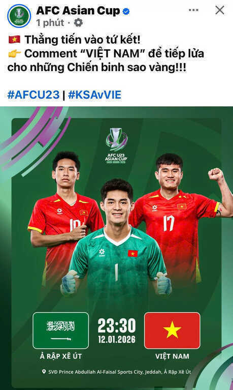 AFC tiếp lửa U23 Việt Nam trước trận quyết định gặp U23 Ả Rập Xê Út