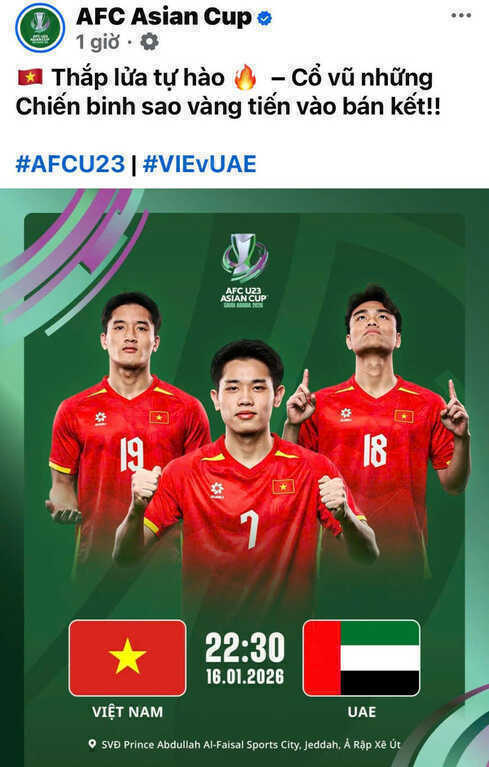 AFC tiếp `vitamin tinh thần` U23 Việt Nam trước trận tứ kết gặp U23 UAE