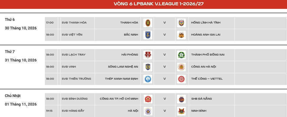 Lịch thi đấu vòng 6 V-League mùa giải 2026/27 mới nhất
