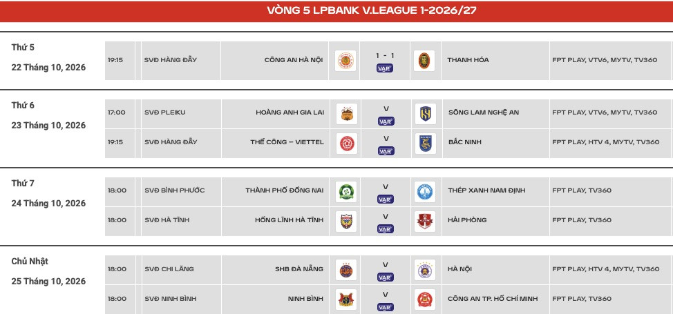 Link xem trực tiếp V-League hôm nay 23/10/2026