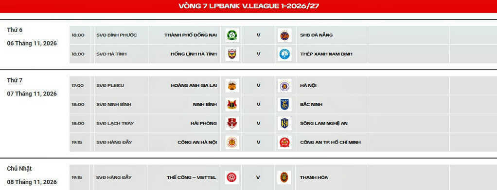 Lịch thi đấu vòng 7 V-League mùa giải 2026/27 mới nhất