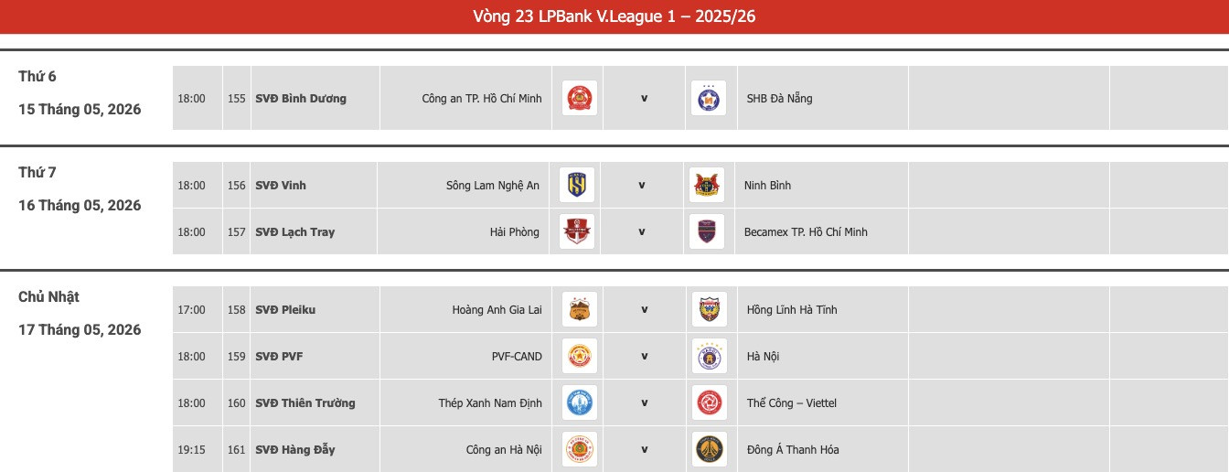 Lịch thi đấu vòng 23 V-League 2025/26 mới nhất
