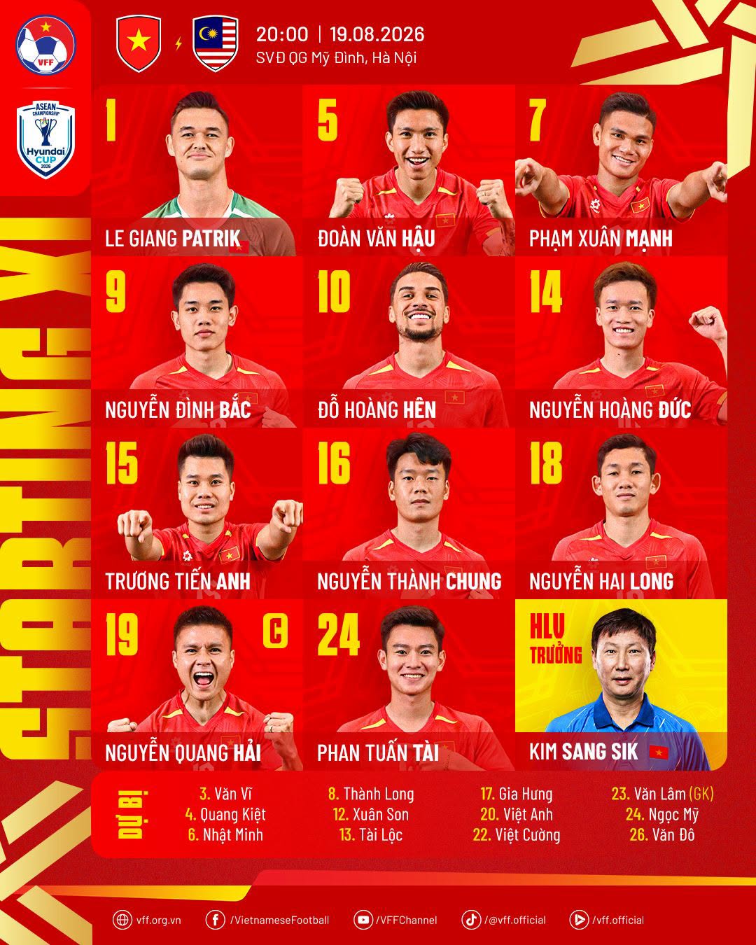 Đội h&igrave;nh ra s&acirc;n của tuyển Việt Nam. Ảnh: VFF.