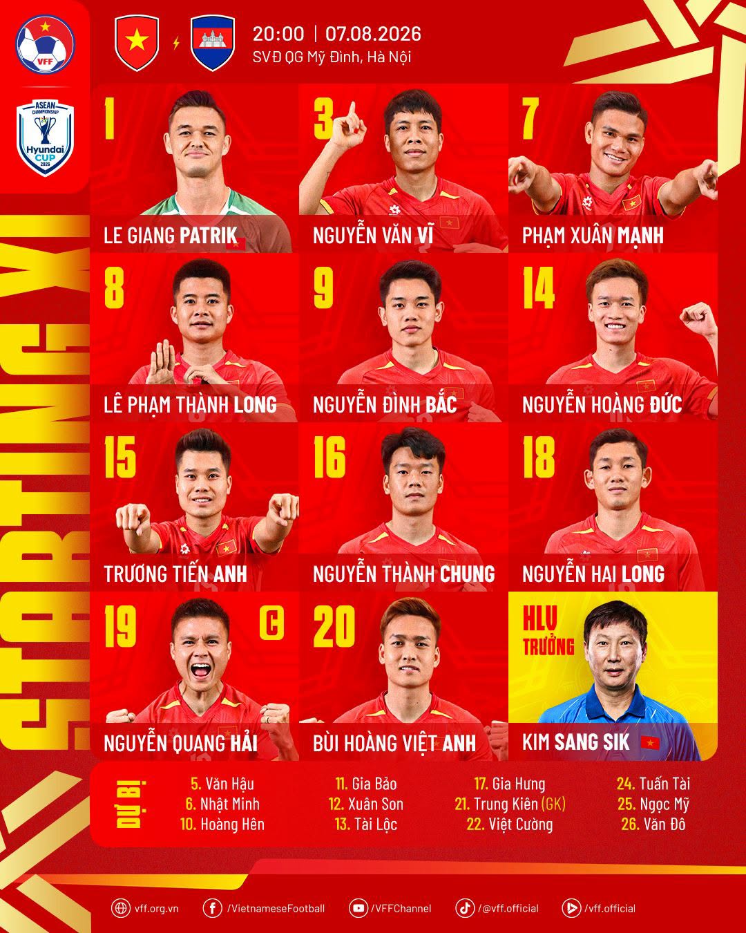 Đội h&igrave;nh ra s&acirc;n của tuyển Việt Nam. Ảnh: VFF.