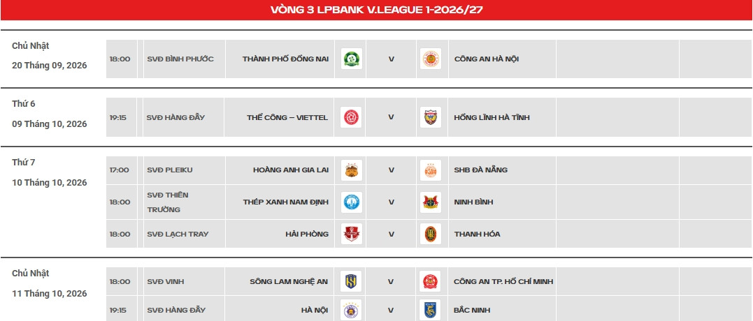 Lịch thi đấu vòng 3 V-League mùa giải 2026/27 mới nhất