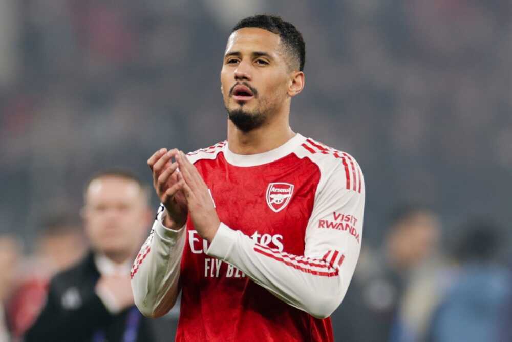 William Saliba nhiều khả năng vẫn l&agrave; trụ cột của Arsenal ở m&ugrave;a giải 2030/31. Ảnh: EPA/Christopher Neundorf.